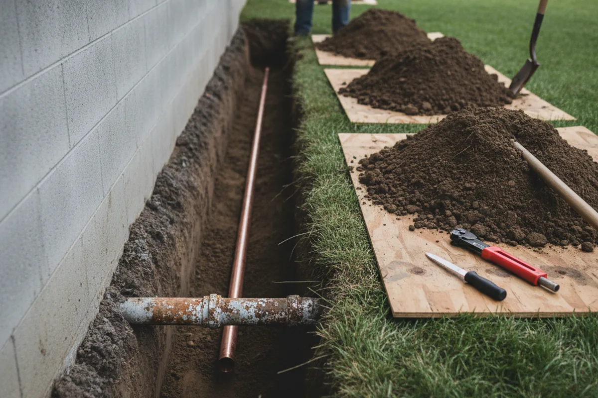 Excavated water line trench during Sewer Line Repair in Montpelier